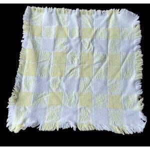 Vintage Waffle Baby Blanket with Fringe Floral Yellow White Square Spain 1980s